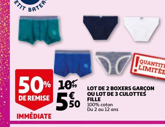 Lot de 2 boxers garcon ou lot de 3 culottes fille