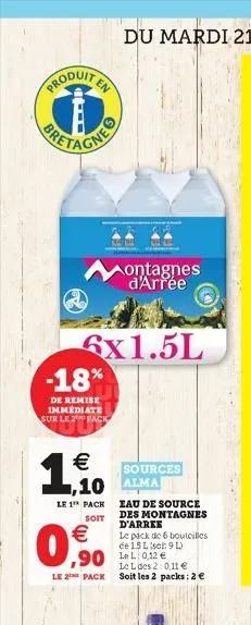 produit  aontagnes d'arrée  6x1.5l  -18%  de remise immediate sur le 2 pack  en    1,10  le 1 pack  soit  10 alma    0.0  le 2 pack  sources  eau de source des montagnes d'arree  le pack de 6 boutei