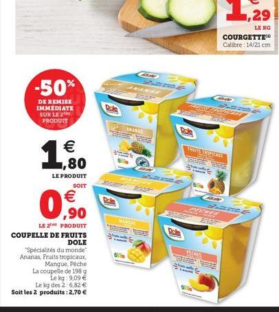 -50%  DE REMISE IMMÉDIATE SUR LE 2 PRODUIT   ,80  LE PRODUIT  SOIT    ,90  LE 2 PRODUIT COUPELLE DE FRUITS DOLE  "Spécialités du monde" Ananas, Fruits tropicaux, Mangue, Péche  La coupelle de 198 g