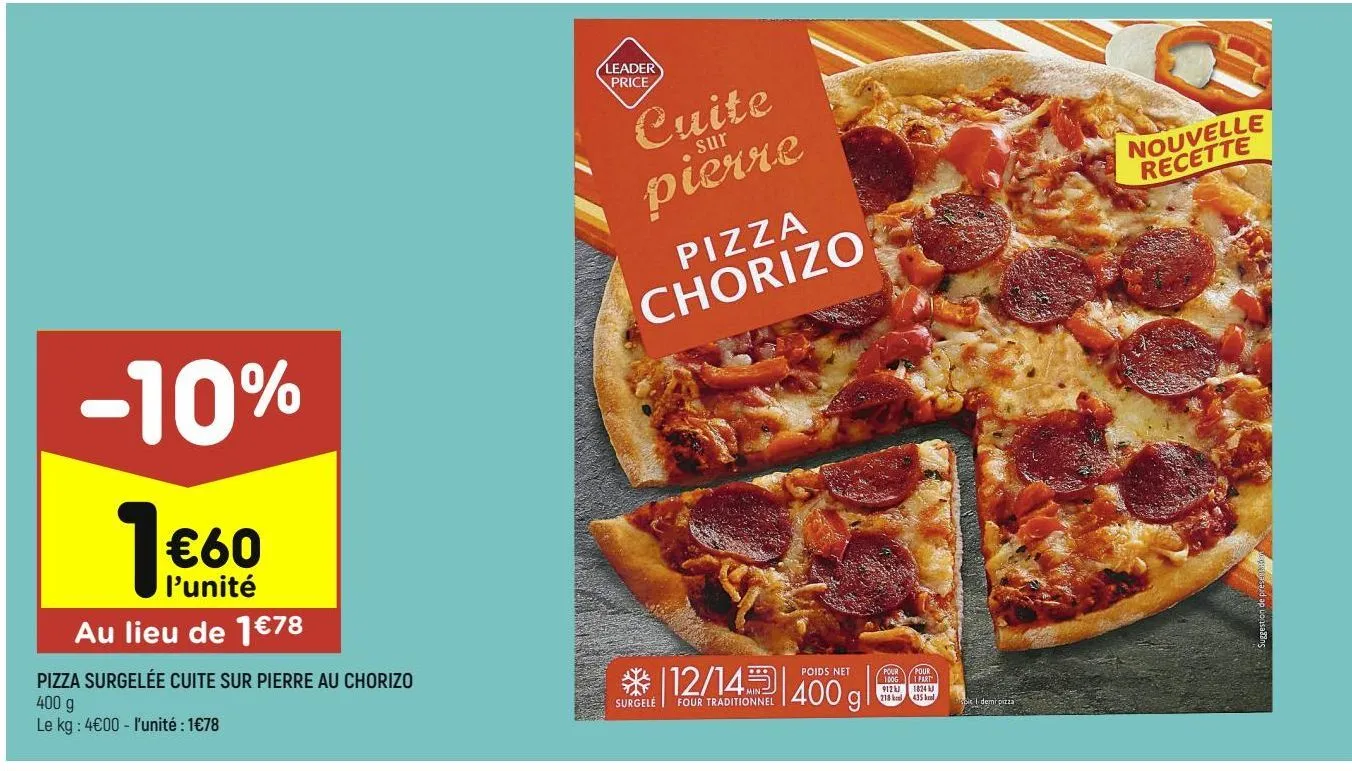 pizza surgelée cuite sur pierre au chorizo leader price