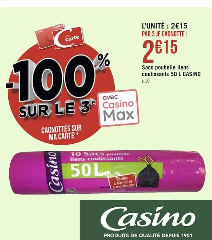 Sacs poubelle liens coulissants 50L CASINO