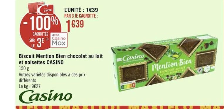 biscuits mention Bien chocolat au lait et noisettes CASINO