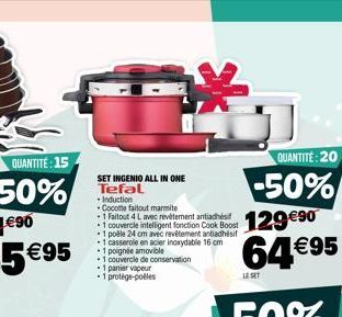 SET INGENIO ALL IN ONE Tefal  Induction  Cocotte faitout marmite  1 Faitout 4 L avec revêtement antiadhésif  1 couvercle intelligent fonction Cook Boost  1 pole 24 cm avec revêtement antiadhésif -1 c