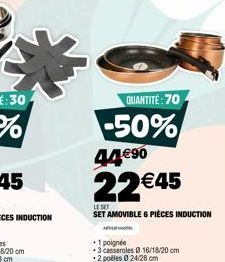 QUANTITÉ: 70  -50% 44 90  22 45  LE SET  SET AMOVIBLE 6 PIÈCES INDUCTION  1 poignée  3 casseroles @ 16/18/20 cm *2 polles ?24/28 cm