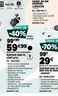 QUANTITE: 16  -40%  Bouchons en silicone dans l Toreille  Coloris au choix  9999 59 99  dont 0,20  d'éco-participation ÉCOUTEUR SANS FIL defunc Re:TRUE MUTE  . Mode sonore d'annulation active du br