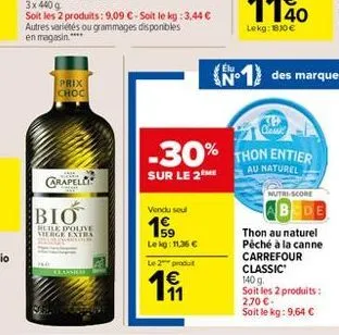 prix choc  wielka  grapell  came  bio  huile d'olive  vierge extra  vendu seul  elu  nº  59 lekg: 11,36   le 2 produ  class:  -30% thon entier  au naturel  sur le 2 me  nutri-score  bede  thon au nat