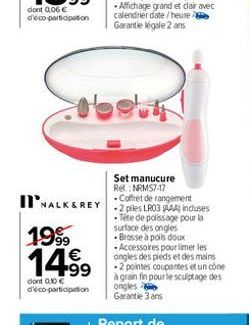 1999  1499  dont 010  d'éco-participation  obe  Set manucure Rel: NRMS7-17  NALK&REY Coffret de rangement  2 piles LR03 (AAA) incluses Tête de polissage pour la surface des ongles -Brosse à poils dou