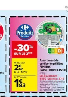 Produits  Carrefour  -30%  SUR LE 2 ME  Vendu sout  262  Lekg: 4,37   Le 2 produt  FUNSO  NUTRI-SCORE  Assortiment de confiserie gélifiées FUN BOX  CARREFOUR CLASSIC 600 g  Soit les 2 produits: 4,45