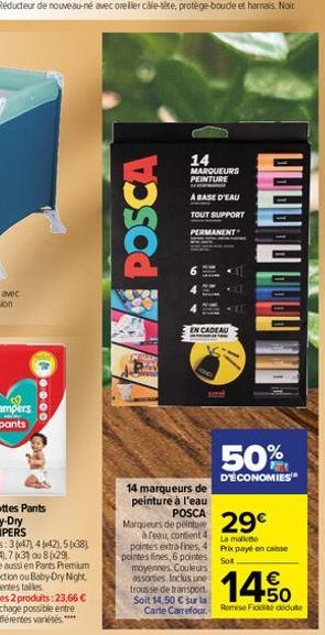 000  Gayy  POSCA  14  MARQUEURS PEINTURE  FRE  A BASE D'EAU  TOUT SUPPORT  PERMANENT  EN CADEAU  wwww  50%  D'ÉCONOMIES  14 marqueurs de peinture à l'eau POSCA  Marqueurs de perto 29  afeau, contien