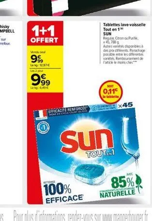 1+1  offert  vendu soul  999  lekg: 12.97 us 2 pour  999  le kg: 6,49   nettone  100%  efficace  tablettes lave-vaisselle tout en 1 sun  regular gtron ou purifle. x45,788 g  autres varetes disponibl