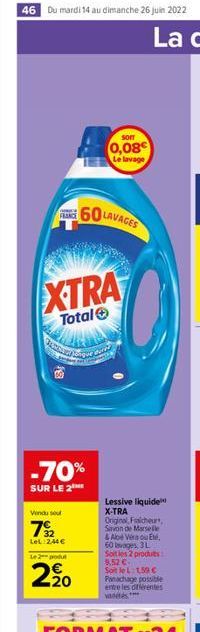 46 Du mardi 14 au dimanche 26 juin 2022  FRANCE  XTRA  Total  Le 2  -70%  SUR LE 2  Vendu sou  72  LeL 2,44   above and  2.20  60 LAVAGES  SOIT  0,08 Le lavage  Lessive liquide  X-TRA Original, Frai