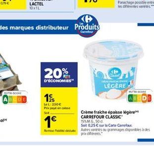 MUTAS-SCORE  20%  D'ÉCONOMIES  des marques distributeur Produits  Carrefour  195  LeL: 250  Prix payé en caisse  Sot  1  Classe  a  LÉGÈRE  MUTH-SCORE  Crème fraiche épaisse légère CARREFOUR CLASSIC