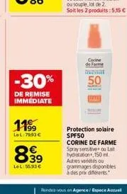 -30%  de remise immediate  1199  lel:7993     lel:55,93   corine de farme ratin  50  protection solaire spf50 corine de farme spray sensitive ou lait bydratation, 150 ml autres sou grammages dispon