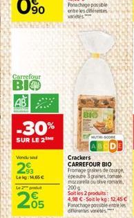 Carrefour  BIO  Vendu se  2?  Lekg: 14,65   L2produ  -30%  SUR LE 2  05  Panachage possible entre les différentes variés  MUTRI-SCORE  Crackers CARREFOUR  Fromage graines de courge  épeautre 3 graine