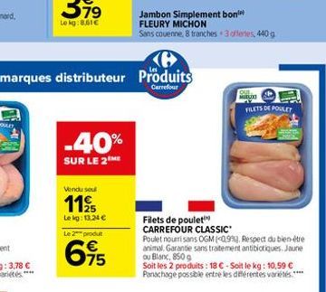 -40%  SUR LE 2ME  Vendu sou  119  Le kg: 13.24   Le 2 produ  695  Jambon Simplement bon FLEURY MICHON  Sans couenne, 8 tranches 3 offertes, 440g  Filets de poulet  CARREFOUR CLASSIC  QUE  MIDUO  Poul