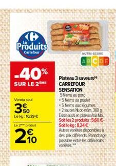 Produits  Carrefour  -40%  SUR LE 2 ME  Vendu soul  30  Lekg: 10,29   Le 2 produ  210  NUTRI SCORE  ABCDE  Plateau 3 saveurs CARREFOUR SENSATION 5Nems au porc  5 Nems au poulet +5Nems aux légumes +2
