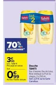 tahiti  70%  d'économies  30  lel:6.60  prix payé en casse  sot  99 fididut  lot  "2  tahiti  19  douche tahiti  eau d'ananas, eau de lotus, rose exotique ou fruit du dragon, 2x 250 m soit 2,31  sur