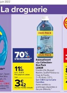 La droguerie  70%  D'ÉCONOMIES  DUO PACK  Assouplissant «La Collection Duo Pack LENOR  Envole d'Air, Bouquet Mystère, Souffle Précieux ou Coup de foudre 2x45 doses, 207 L Soit 7,98  sur la Carte Carr