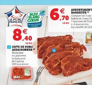 LE PORC/ FRANÇAIS    0,40  LENG  COTE DE PORC ASSAISONNEE Mexicaine  BLEU BLANC COEUR  ou paysanne  La barquette  de 5 pièces 1950 g environ)    6,9%  LE KO