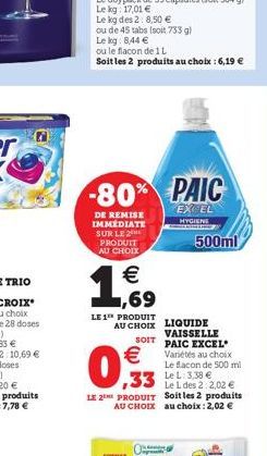 Le kg des 2: 8,50   ou de 45 tabs (soit 733 g)  Le kg: 8,44   ou le flacon de 1L  Soit les 2 produits au choix : 6,19   -80% PAIC  EXCEL  DE REMISE IMMEDIATE SUR LE 2  PRODUIT AU CHOIX    1,69  LE