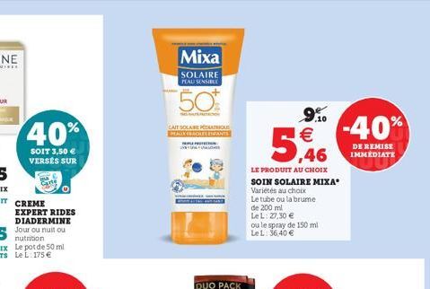 40%  SOIT 3,50  VERSÉS SUR  nutrition Le pot de 50 ml Le L 175   Mixa  SOLAIRE PLAU SENSIBLE  50%  LAIT SOLAIRE PEDIATRIQUE PEAUX BACILES ENFANCE  9.10   5,46  LE PRODUIT AU CHOIX SOIN SOLAIRE MIXA