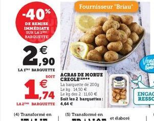 -40%  DE REMISE IMMÉDIATE SUR LA 2 BARQUETTE  SOIT    2,90  LA 1? BARQUETTE    1,944  LA2 BARQUETTE  Fournisseur "Briau"  ACRAS DE MORUE CREOLE*** La barquette de 200g Le kg: 14,50   Soit les 2 bar