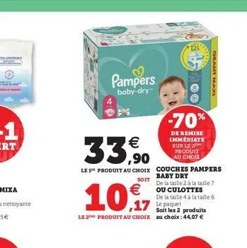 wwwphys  pampers  baby-dry    33,50  le 1 produit au choix  107  17 le paquet  soit les 2 produits le 2t produit au choix au choix : 44,07   couches pampers baby dry soit de la taille 2 à la taill