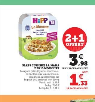 HiPP 15  La Mamma  Lasagnes Petits Légumes Saumon  NOUVEAU  PLATS CUISINES LA MAMA  250g  Lasagnes petits légumes saumon ou cannelloni aux légumes bio ou  DES 15 MOIS HIPP LES 3 PACKS AU CHOIX  SOIT