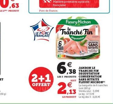 Porc de France.  L..J LE PORCA FRANÇAIS  2+1  OFFERT  6  Fleury Michon  Tranche Fin  Digustation    ,38  LES 3 PRODUITS  SOIT  2,13  CONSERVATION  SANS NITRITE  JAMBON LE TRANCHE FIN DEGUSTATION CONS