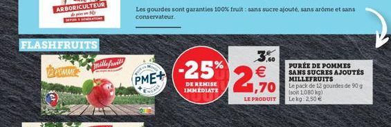 FLASHFRUITS  COMME  mille fruits  PME+  ENGAGE  Les gourdes sont garanties 100% fruit : sans conservateur.  -25%  DE REMISE IMMEDIATE  36  3,60   21,70  LE PRODUIT  PURÉE DE POMMES SANS SUCRES AJOUTÉ