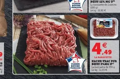 viande bovine francaise  viande bovine française  bebast  4,49  la barquette hache vrac pur boeuf 5%mg u  la barquete de 350 g lekg: 12,83 