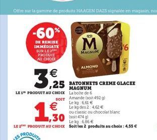 -60%  DE REMISE IMMÉDIATE SUR LE PRODUIT AU CHOIX    3,25  LE 1 PRODUIT AU CHOIX  SOIT    1,30  M  MAGNUM  ALMOND  BATONNETS CREME GLACEE  MAGNUM La boite de 6 Amande (soit 492 g) Le kg: 6,61   Le