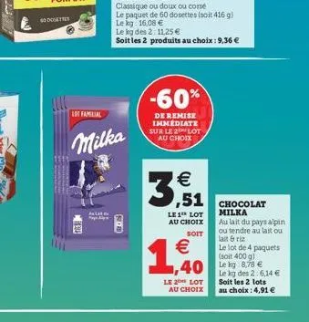 godosettes  lot familial  milka  -60%  de remise immédiate sur le 2 lot au choix   ,51  le 1 lot au choix  soit    1,90  le 2 lot au choix  40 kg 8.78   chocolat  milka  au lait du pays alpin ou te