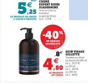 5,25  LE PRODUIT AU CHOIX  CARTE U DEDUITS  King C-Gillette  nutrition Le pot de 50 ml Le L 175   -40%  DE REMISE IMMEDIATE  8 GILLETTE  4,  SOIN VISAGE  LE PRODUIT  ou 100 ml  AU CHOIX Le L: 48 