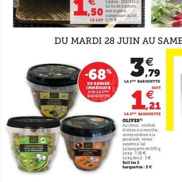 ATES  VAUTHENTIQUE  GAME  A LA PERIGLADE  WAS STRALIN ALE RINGRY  1,50  LE LOT 0,75   -68%  DE REMISE IMMEDIATE SUR LA 2 BARQUETTE  SOIT   ,21  LA 2 BARQUETTE OLIVES  Au choix: cocktail d'olives à