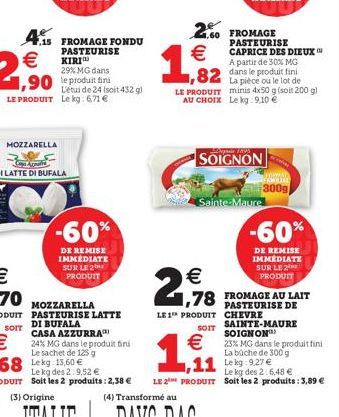 4.15 FROMAGE FONDU   PASTEURISE KIRI  29% MG dans  ,90 le produit fini  L'étui de 24 (soit 432 gl LE PRODUIT Le kg: 6,71   MOZZARELLA  DI LATTE DI BUFALA  -60%  DE REMISE IMMEDIATE SUR LE 2 PRODUIT