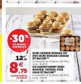 -30%  DE REMISE IMMÉDIATE  8,75  12.50   LA BARQUETTE AU CHOIX  ,75 GRAS IT BACON  MINI CHEESE BURGER OU DUO MINI BURGER CHEESE ET BACON  La barquette de 12 pièces, soit 540 g Le kg: 16,20   OU ASSO