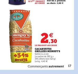 menguy's Cacahuètes  -Grillet sin  +31% OFFERTS  1,30  LE PRODUIT AU CHOIX CACAHUETES GRILLEES MENGUY'S Salées ou à sec  Le sachet de 390 g + 34% offerts (soit 523 g) Lekg: 4,40   Commerçants autreme