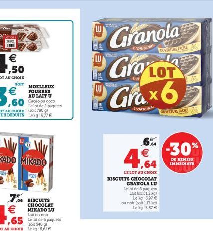 LOT DE 2  KADO MIKADO  MOELLEUX FOURRES AU LAIT U  ,60 Cacao ou coco  Le lot de 2 paquets (soit 780 g) Lekg: 5,77   6 paquets  A  SLAY  L'ORIGINAL  Granola Groo Grax6  LOT  L'ORIGINAL  BISCUITS CHOCO