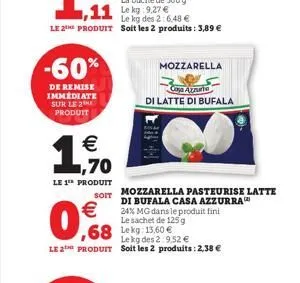 -60%  de remise immediate sur le 2 produit  11 lekg 9.27    ,70  le 1? produit  soit    0,8  le kg des 2:6,48   le 2the produit soit les 2 produits: 3,89   h  mozzarella  caya azura  di latte di