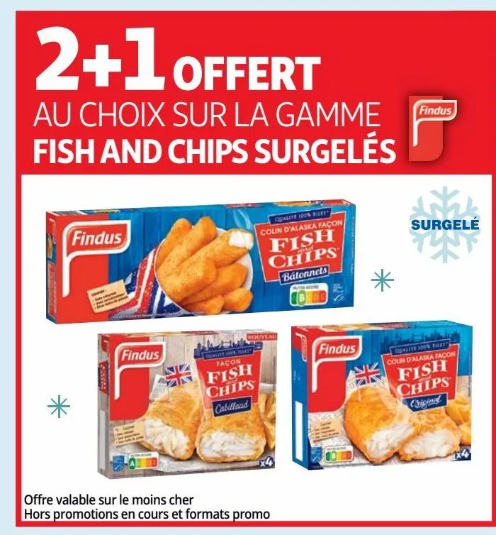 2+1 offert au choix sur la gamme fish and chips surgeles findus