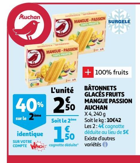 Batonnets glaces fruits mangue passion auchan