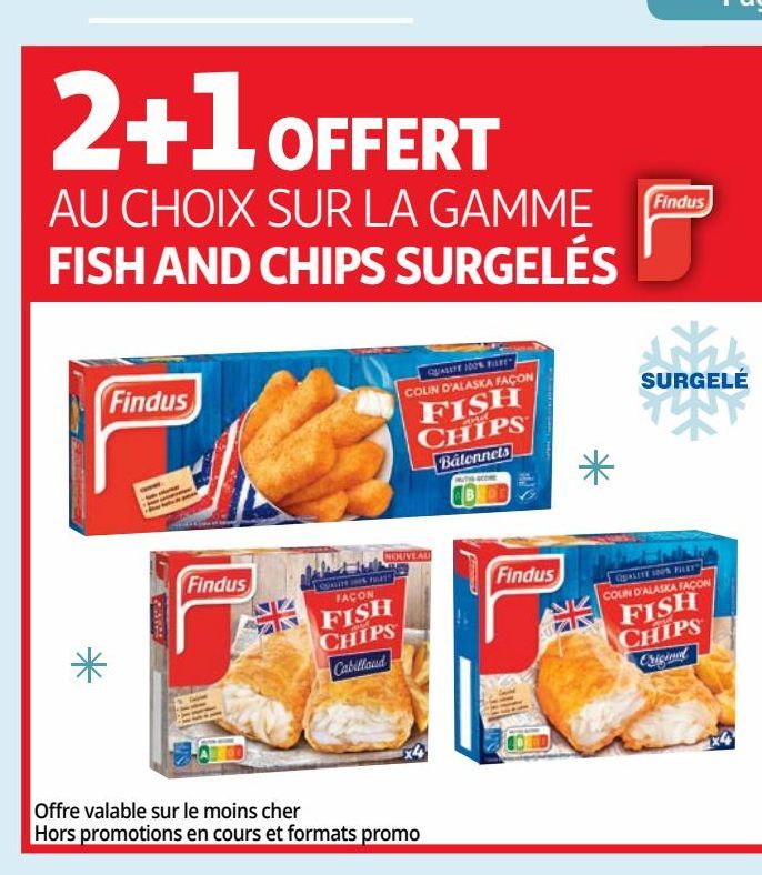 2+1 offert u choix sur la gamme fish andf chips surgeles Findus