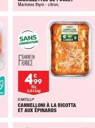 SANS  CONSERVATEURS  BABORE EN FRANCE  499  7501  IKAS  D'ANTELLI  CANNELLONI À LA RICOTTA ET AUX ÉPINARDS