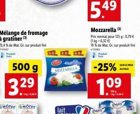 Mélange de fromage à gratiner  23,4 % de Mat. Gr. sur produit fini  10427  3.29  500 g  XL XXL XXL  MOZZARELLA  Produit  Mozzarella (¹) Prix normal pour 125 g: 0,79  (1 kg = 6,32 )  19 % de Mat. Gr.