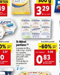 oret  LAGER  3.27  SUR LE  St Moret portions (2)  Le produit de 180 g: 2,08  (1kg=1156 ) Les 2 produits: 2.91  (1 kg-8,08 ) soit l'unité 1,46  9 portions 17,8% de Mat. Gr. sur produit fini  170