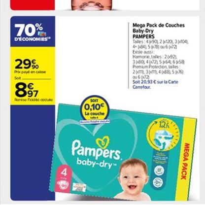 70%  D'ÉCONOMIES  29%  Prix payé en caisse Sot  97  Remise Fido dedute  4  som  0,10  La couche  Pampers  baby-dry- Mega Pack de Couches Baby Dry  PAMPERS  Tales: 46901 220), 30004,  4+ (x84), 5 x78)