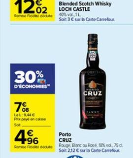 30%  D'ÉCONOMIES  7%8  LeL:9,44  Pitx payé en caisse  Sot  4.?6    Blended Scotch Whisky LOCH CASTLE  Soit 3  sur la Carte Carrefour  Porto CRUZ  Rome Fidecute Rouge Blanc ou Rosé, 18% vol. 75 cl