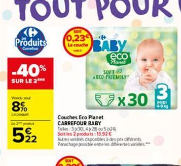 Produits  Carrefour  -40%  SUR LE 2  Vendu soul  8%  Lepaquet  Le 2 produ  5%2  SOIT  0,23  La couche  BABY  eco Planet  Couches Eco Planet CARREFOUR BABY  SOFT ECO-FRIENDLY  Tailles: 3x30), 4628) ou