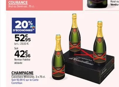 20%  d'économies  5295  le l: 23,53  sot  426  remise fidele dédute  champagne  castellane millésime, 3 x 75 cl. soit 10,59  sur la carte carrefour  hampagne  instellane